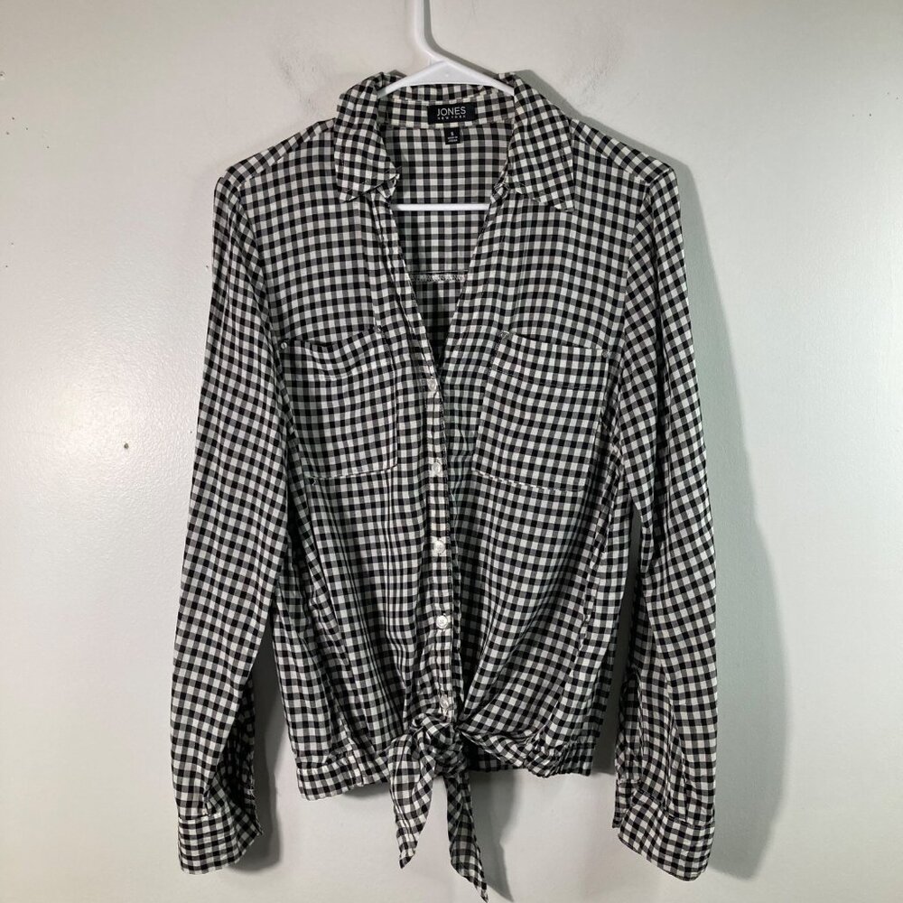 Womens Jones New York Gingham Button Tie Front Shirt Black White S Viscose